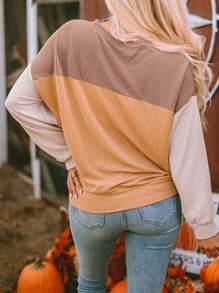 Contrast Color Drop Shoulder Long Sleeve Knit Crew Neck Top - Khaki - View 6