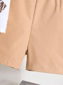 Set de 2 piezas para niños pequeños: Camisa de manga corta con estampado de hojas + pantalones cortos de verano, estilo casual escolar para exterior - Caqui - Ver 3