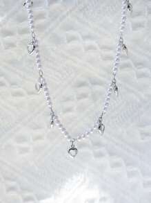 1pc Elegant Cubic Zirconia Stainless Steel Heart Shaped Charm ABS Beaded Necklace For Women Bridesmaid Wedding Jewelry - White and Steel - View 5