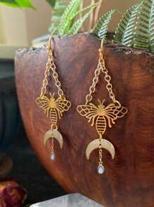 2 件波西米亚时尚铜天然石多色空心蛾、星星、月亮吊坠耳环，适合女性、日常和派对佩戴的礼物 - 彩色 - 查看 8