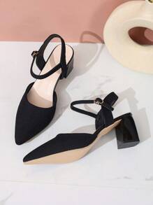 Women's Fashion Sexy Pointed Toe Thick Heel Sandals With Ankle Strap, Closed Toe Slip On Pumps Shoes, Spring/Summer