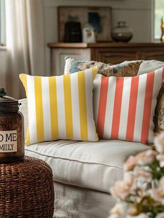 2pcs Stripe Pillow Covers, Yellow & White Striped And Orange & White Striped, Bright And Vibrant Colors. Both Are Standard 45*45cm Size, Comfortable Material, Suitable For Sofa Scene, Adding Simple Fashionable And Energetic Vibe To Home Decor Pillows Bedding Pillow Case Bed Room Decor Bedroom Decor Cushion Covers Cushion Cover Cushions