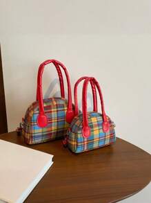 1pc Handtas (Groot/Klein) Amerikaanse Retro Niche Messenger Bag Plaid Contrast Kleur Hand-Held Bowling Bag Schoudertas, Koreaanse Stijl Veelzijdig, Schouderband Casual en Comfortabel, Glad en Lang Veelzijdig, Geschikt voor Dagelijkse Boodschappen en Reizen van Meisjes