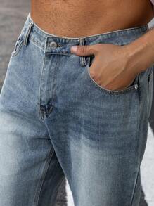 Shorts Denim Casual com Bolso Frontal e Botão Frontal Simples para Homens - Azul - Visão 6