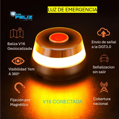 Don Feliz Nueva baliza de emergencia V16 conectada, Luz Emergencia Coche Homologado DGT con Geolocalización | Luz avería carche [Visibilidad 1 Km] Baliza V16 con GPS y Base Imantada - 1 Unidad