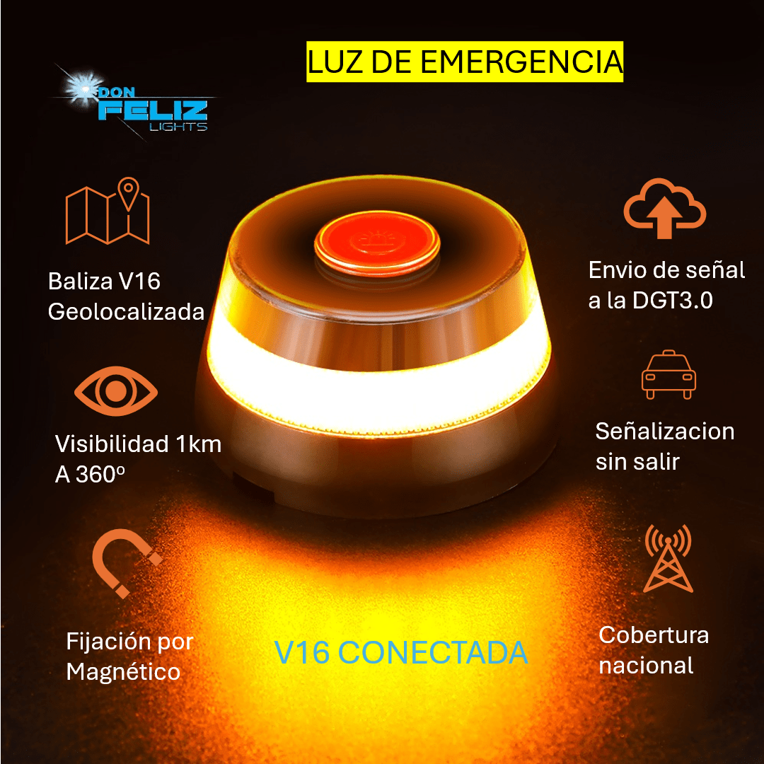 Don Feliz Nueva baliza de emergencia V16 conectada, Luz Emergencia Coche Homologado DGT con Geolocalización | Luz avería carche [Visibilidad 1 Km] Baliza V16 con GPS y Base Imantada - 1 Unidad