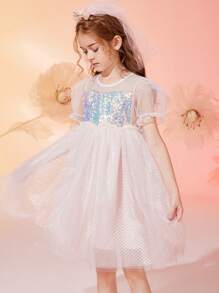 Tween Girls Noble Simple Sequin & Mesh Princess Summer Dress - Pink - View 6