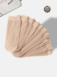 20 双女士纯色中筒袜，轻便透气休闲短袜，适合夏季 - 杏色 - 查看 7