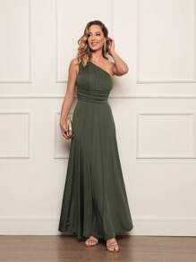Party Dress Long Casual Bridesmaid Guest Elegant One Shoulder Light Fluity Romantic - 軍綠色 - 查看 1