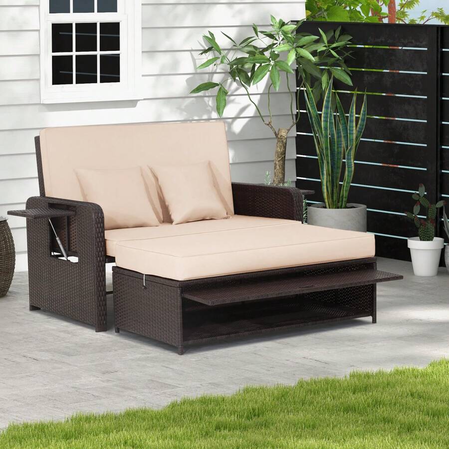 ERGOMASTER Patio Rattan Daybed Set Wicker Loveseat Sofa With Multipurpose Ottoman Adjustable Backrest Retractable Side Tray - Beige - View 1