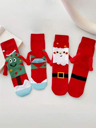 2 paia di calze natalizie festive, calze con motivi natalizi che raffigurano una coppia che si tiene per mano