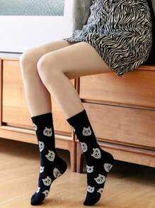 1 Pair Cute Cartoon Cat Mid-Calf Socks For Women