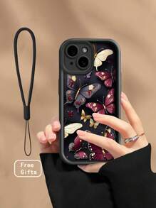 1pc Butterfly Painted High-End Textured Anti-Fall Protective Phone Case With Detachable Silicone Black Wrist Strap - Multicolor - View 1