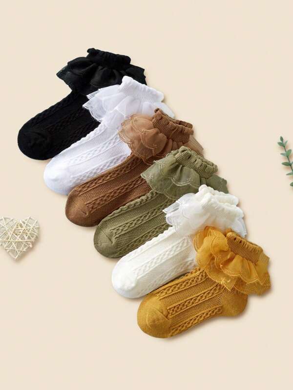 6 Pares de Meias Curtas Respiráveis de Cor Sólida com Renda de Duas Camadas para Meninas Bebês, Adequadas para o Dia a Dia ou Combinando com Vestidos