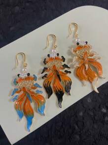2 pièces Boucles d'oreilles créoles surdimensionnées en alliage émaillé avec motif de carpe élégant, bijoux vintage peints à la main avec perles pour femmes