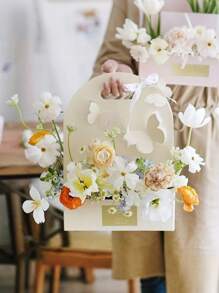 5件装母亲节情人节婚礼妇女节教师节手提蛋糕花盒手提花篮纸蝴蝶结花盒插花盒鲜花包装礼盒 - 彩色 - 查看 7