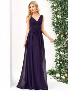 EVERPRETTY Elegante Chiffon V Neck Mangas Sem Mangas Ruched Maxi Formal Roxo Vestidos de Dama de Honra - Roxa - Ver 3