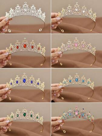 1pc Luxury Rhinestone Princess Crown, Waterdrop Design Bridal Wedding Hair Accessories, Great For Girls Birthday Party, European & American Style