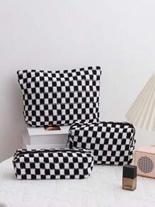 Checkered Knitted Fabric Corduroy Makeup Bag Cosmetic Bag Set For Women Checkered Travel Organizer Bathroom Toiletry Pouch Large Capacity Storage Bag