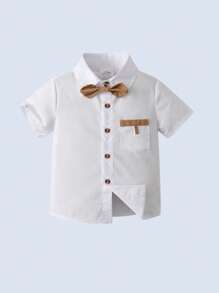 BOARNSEORL 2pcs/Set Young Boys Suspender Pants And Short Sleeve Shirt With Bowknot , Gentleman Style Fashionable Outfit For Birthday Party, Wedding, Summer
