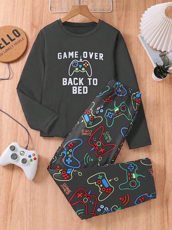 Cartoon Game Controller Pattern Tween Boy Two Pieces Sleepwear Set, Round Neck Long Sleeved Top And Fully Printed Pants, Suitable For All Seasons As A Casual Sleepwear Set