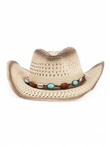 男女通用棕色镂空草编太阳帽牛仔帽 - 非常适合户外休闲和海滩度假万圣节