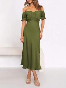 Women's Summer Satin Midi Dress Off The Shoulder Wrap Ruched Wedding Guest Party Cocktail Formal Prom Dresses - Army Green - View 4