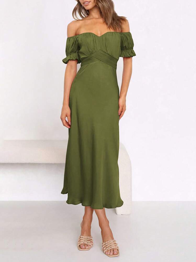 Women's Summer Satin Midi Dress Off The Shoulder Wrap Ruched Wedding Guest Party Cocktail Formal Prom Dresses - 軍綠色 - 查看 3