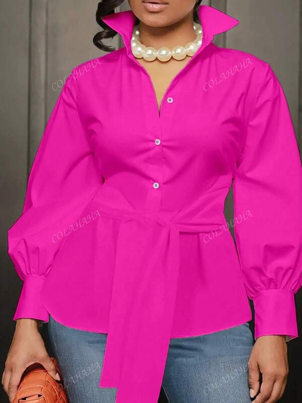 Plus Size Women's Solid Color Single Breasted Long Sleeve Waist Tie Casual Shirt