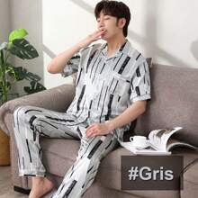 Pijama Tipo Seda Conjunto,Pantalones de Manga Larga Con Bolsillo,Azul Marino con Rayas Blancas,Negro,Se Pueden Usar Tres Tallas Hasta 90 kg. - Plateado - Ver 2