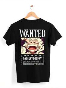 Camiseta estampada con estilo de cartel de caza de Luffy, camiseta informal de manga corta de verano, algodón pesado de 220g - Negro - Ver 1