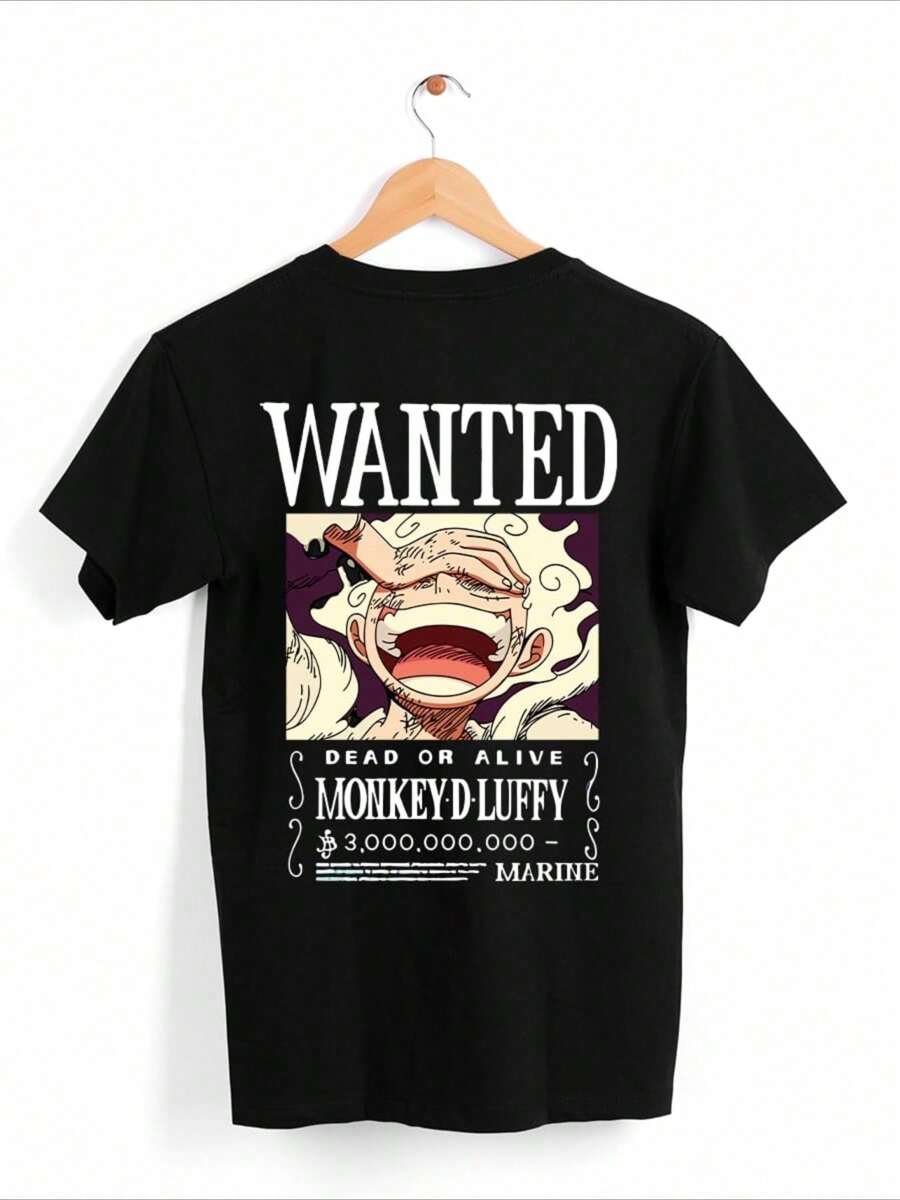 Camiseta estampada con estilo de cartel de caza de Luffy, camiseta informal de manga corta de verano, algodón pesado de 220g - Negro - Ver 1