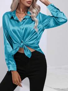Women's Casual Turndown Collar Button Faux Silk Satin Solid Color Long Sleeve Blouse - 藍綠 - 查看 5