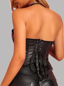 Corset cu fermoar cu bretele încrucișate din imitație din piele artificială sexy, fără spate