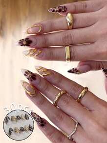 30 件装按压式指甲套装 3D 美甲镀铬金边框装饰可佩戴指甲珍珠花朵装饰甜美可爱可拆卸假指甲