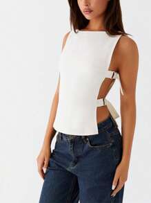 Women's Sexy Side Buckle Slim Fit Vest Top Y2K Solid Color Sleeveless Boat Neck Tank Tops Slim Fit Crop Tops Summer Going Out Tops Shirts For Party Club Streetwear - 白色 - 查看 2
