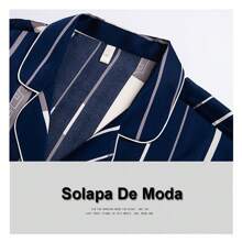 Pijama Tipo Seda Conjunto,Pantalones de Manga Larga Con Bolsillo,Azul Marino con Rayas Blancas,Negro,Se Pueden Usar Tres Tallas Hasta 90 kg. - Azul Marino - Ver 3