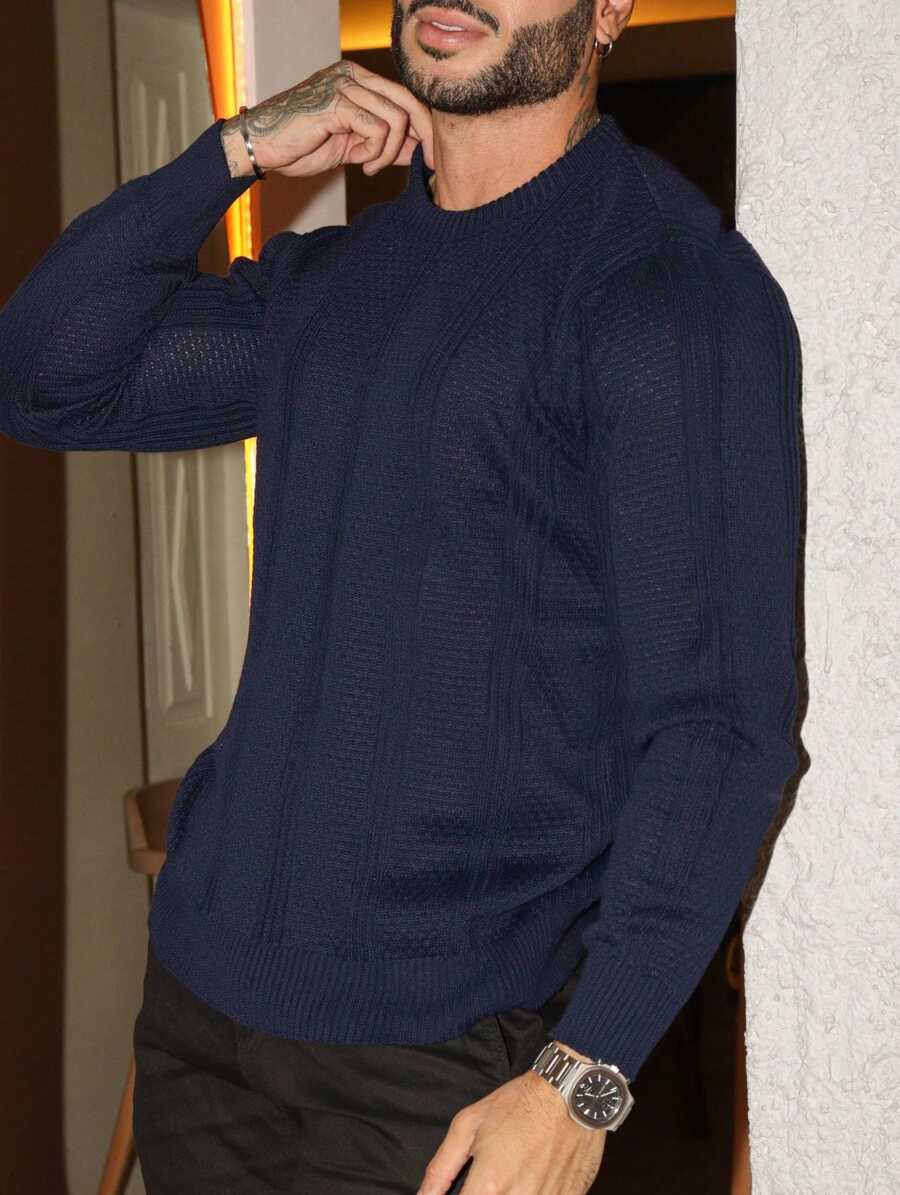TRICOT DE LUXO Men's Chic High-Quality Textured Knit Sweater, Autumn/Winter Style, Long Sleeves. - Màu xanh hải quân - Xem 1