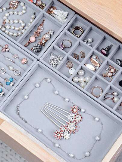 6 stuks fluwelen sieraden opbergdoos - draagbare stapelbare display cases voor ringen, oorbellen, kettingen en armbanden, grijze fluwelen multi-layer organizer met deksel, sieradendoos