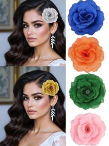 2pcs Women's Middle Eastern Festival Gold, Silver, Green, Orange, Pink, Blue Rose Flower Hair Clips, Casual Bohemian Hawaii Beach Party Elegant Halloween Christmas Accessories, Festival Outfits For Women, Girly, Christmas, Hair Accessories, Valentines Accessories, Head Accessories, Hairpin,Summer,Holiday,Travel - Multicolor - View 12
