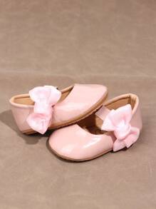 1 Pair Girls Bow PU Hook And Loop Infant Flats, Anti-Slip Prewalker Princess Shoes For Babies 0-1 Years, Christening Shoes Suitable For Spring/Autumn - Pink - View 4