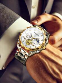 1 pieza Reloj de pulsera de cuarzo para hombres con correa de acero inoxidable, diseño de fase lunar, elegante y