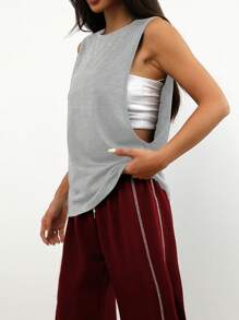 1pc Loose Comfortable Casual Plain Sleeveless Pullover Top For Daily, Running, Fitness, Spring/Summer - Grey - View 4