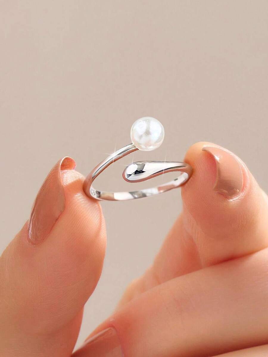 1pc Lightweight Luxurious Teardrop Pearl Open Ring, 925 Sterling Silver Elegant Ring, Exquisite Jewelry, Birthday Gift For Her - Silver - View 1