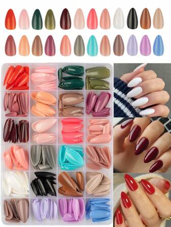 576Pcs Medium Almond Press On Nails, 24 Solid Color Glossy Acrylic Fake Nails Full Cover Nail Tips, False Nails For Nail Art Decoration Diy,White,Red,Pink,Black Nails,Spring And Summer Nail Art Nail Supplies Nails
