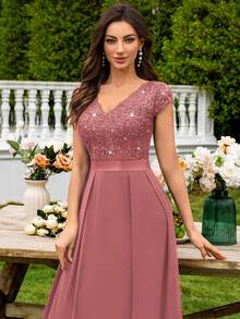 MIUSOL V领亮片蕾丝短袖荷叶边雪纺长裙，优雅女士派对礼服，正式晚礼服，舞会礼服，适合婚礼宾客、毕业典礼、盛大晚宴及其他场合。 - 藕粉色 - 查看 9