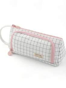 1 件帆布多层大容量少女铅笔盒，简约时尚大容量铅笔袋，带窗口学生文具收纳盒，黑白格子