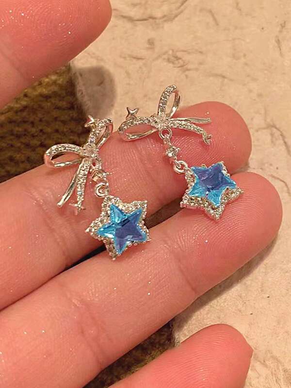 1 Pair Sweet Blue Crystal Star Bow-Knot Dangle Stud Earrings For Women Valentines,Mom,Mother,Mother's Day,Gift