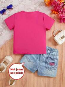 2pcs Set Celebrity Cartoon Print Girl Short Sleeve Top + 3D Graphic Shorts, Casual Holiday Summer Outfit, Suitable For Outdoor Leisure Activities