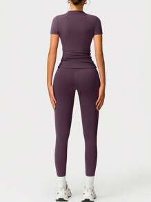 2pcs/Set Women's Soft Moisture-Wicking Crew Neck Short Sleeve Top And Stretchy Yoga Pants - Purple - View 3